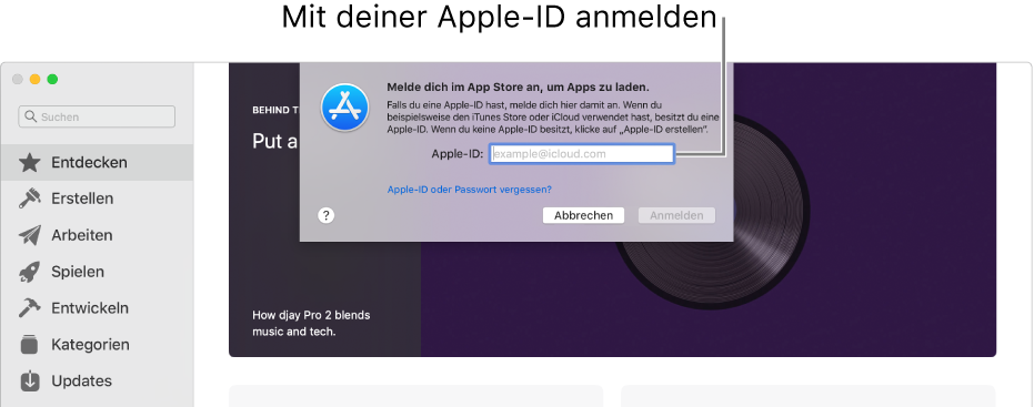 Das Dialogfenster zur Anmeldung beim App Store mithilfe der Apple-ID
