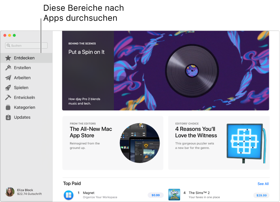 Die Hauptseite des Mac App Store. Die Seitenleiste auf der linken Seite hat Links zu anderen Seiten: Entdecken, Erstellen, Arbeiten, Spielen, Entwickeln, Kategorien und Updates. Auf der rechten Seite befinden sich klickbare Bereiche „Hinter den Kulissen“, „In eigener Sache“ und „Wir empfehlen“.