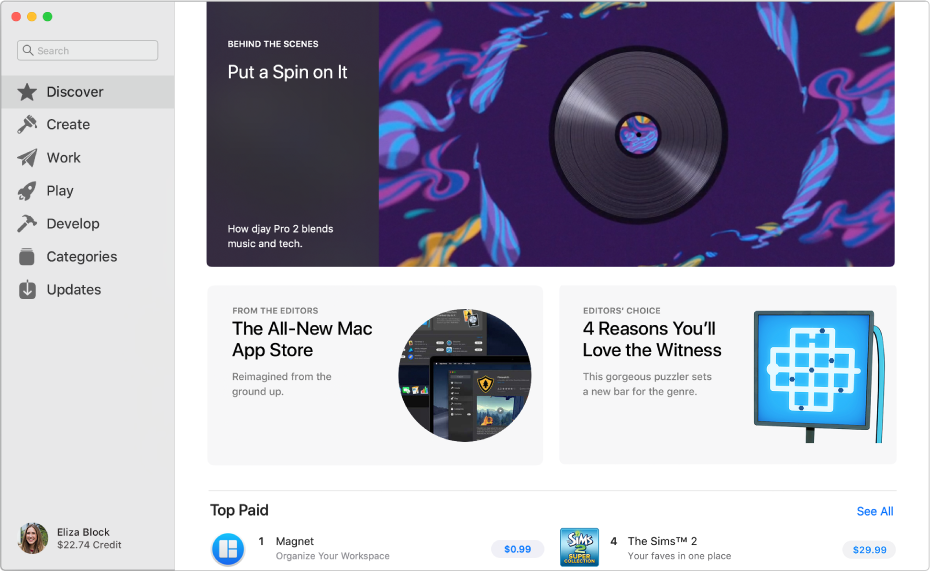 The main Mac App Store page. The sidebar on the left includes links to other pages: Discover, Create, Work, Play, Develop, Categories, and Updates. On the right are clickable areas including Behind the Scenes, From the Editors, and Editors’ Choice.