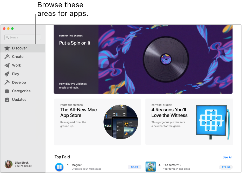 The main Mac App Store page. The sidebar on the left includes links to other pages: Discover, Create, Work, Play, Develop, Categories and Updates. On the right are clickable areas including Behind the Scenes, From the Editors and Editors’ Choice.