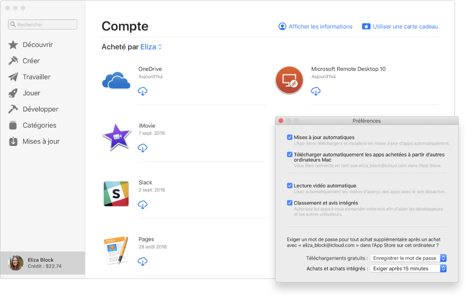 La page Compte du Mac App Store présentant plusieurs apps prêtes à être téléchargées. La sous-fenêtre Préférences de l’App Store, présentée en superposition dans le coin inférieur droit de la page Compte, dans laquelle les options suivantes sont sélectionnées : « Mises à jour automatiques », « Télécharger automatiquement les apps achetées à partir d’autres ordinateurs Mac », « Lecture vidéo automatique » et « Classement et avis intégrés ». Au bas de la sous-fenêtre se trouvent des menus locaux dans lesquels choisir des options de mot de passe pour l’achat d’apps et l’obtention de téléchargements gratuits.