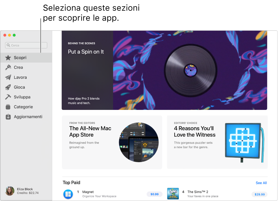 La pagina principale di App Store sul Mac. La barra laterale a sinistra presenta link ad altre sezioni, come Scopri, Crea, Lavoro, Giochi, Per sviluppatori, Categorie e Aggiornamenti. A destra sono presenti aree che puoi selezionare facendo clic come “Dietro le quinte”, “Scelta della redazione” e “Dagli editori”.