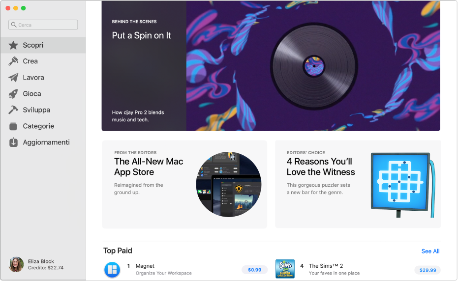 La pagina principale di App Store sul Mac. La barra laterale a sinistra presenta link ad altre sezioni, come Scopri, Crea, Lavoro, Giochi, “Per sviluppatori”, Categorie e Aggiornamenti. A destra sono presenti aree che puoi selezionare facendo clic come “Dietro le quinte”, “Scelta della redazione” e “Dagli editori”.
