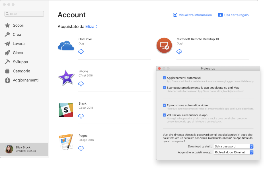 La pagina Account di Mac App Store che mostra diverse app pronte per essere scaricate. Il pannello Preferenze di App Store, mostrato in sovrapposizione nell'angolo in basso a destra della pagina Account, mostra le opzioni “Aggiornamenti automatici”, “Scarica automaticamente le app acquistate su altri Mac”, “Riproduzione automatica video” e “Valutazioni e recensioni in-app” selezionate. In fondo al pannello sono presenti dei menu a comparsa in cui è possibile scegliere delle opzioni relative alla password per acquistare app e ottenere download gratuiti.