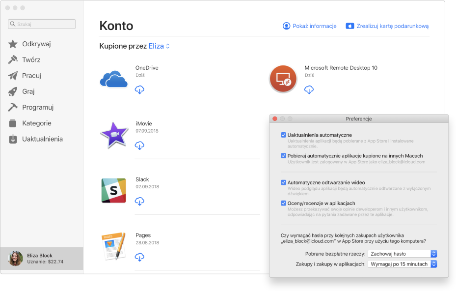 Strona konta Mac App Store pokazująca wiele aplikacji gotowych do pobrania. Panel preferencji aplikacji App Store wyświetlany jako nakładka w prawym dolnym rogu strony konta z widocznymi zaznaczonymi opcjami Uaktualnienia automatyczne, Pobieraj automatycznie aplikacje kupione na innych Macach, Automatyczne odtwarzanie wideo, oraz Oceny/recenzje w aplikacjach. Na dole tego panelu znajdują się menu podręczne, w których możesz wybrać opcje hasła podczas robienia zakupów oraz pobierania darmowych aplikacji.