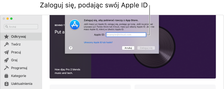 Okno dialogowe logowania do App Store przy użyciu Apple ID.