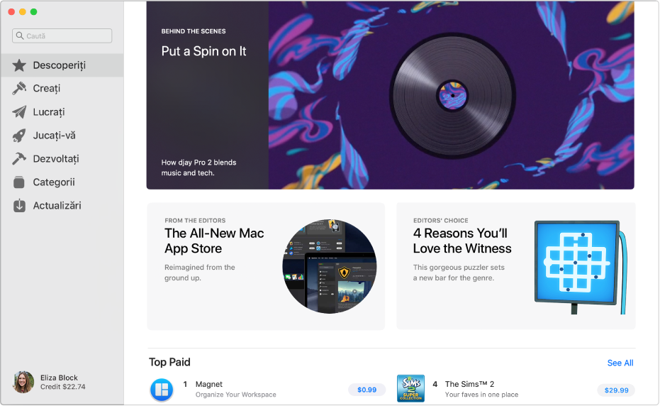 Pagina principală Mac App Store. Bara laterală din stânga include linkuri către alte pagini: Descoperiți, Creați, Lucrați, Jucați, Dezvoltați, Categorii și Actualizări. În partea dreaptă se află zone pe care puteți să faceți clic, inclusiv În culisele aplicațiilor, Din partea editorilor și Alegerea editorilor.