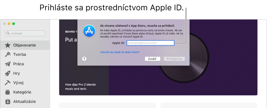 Dialógové okno prihlásenia v App Store pomocou Apple ID.