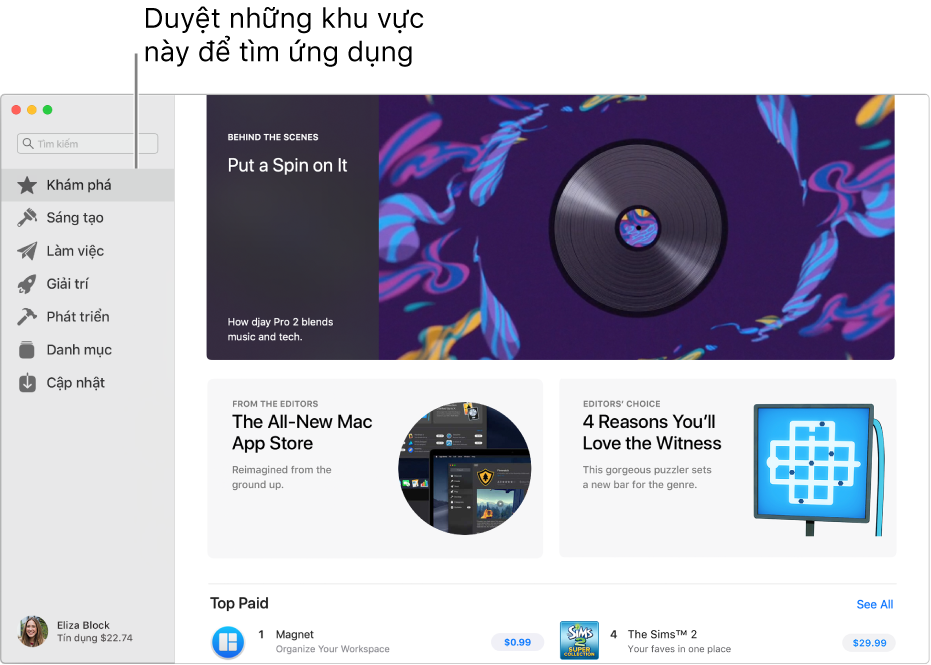 Trang Mac App Store chính. Thanh bên ở bên trái bao gồm các liên kết đến các trang khác: Khám phá, Sáng tạo, Làm việc, Giải trí, Phát triển, Danh mục và Cập nhật. Ở bên phải là các khu vực có thể bấm vào, bao gồm Behind the Scenes, From the Editors và Editors’ Choice.