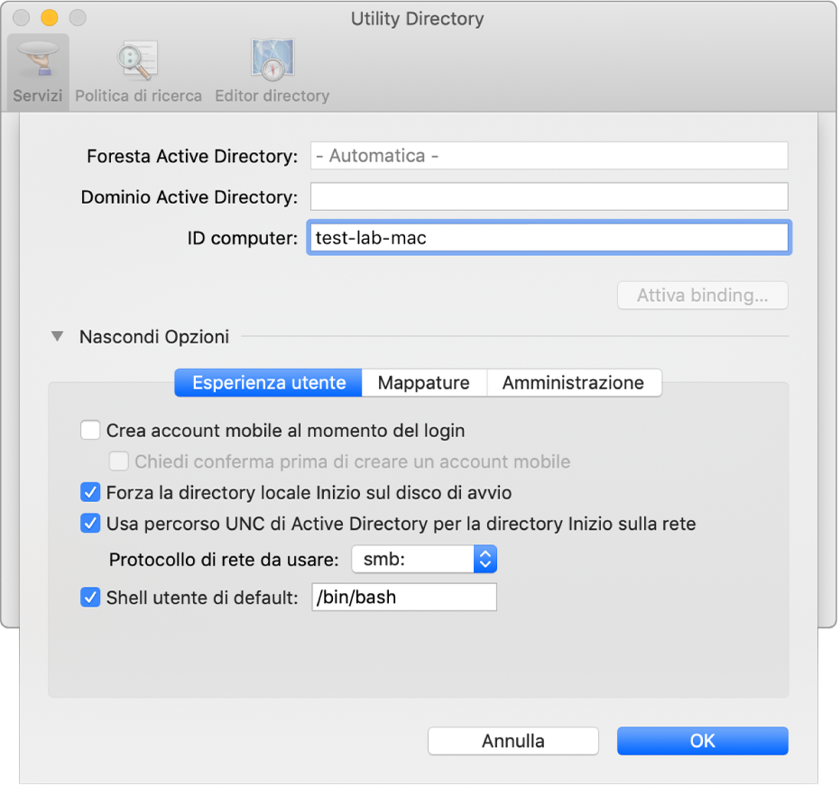La finestra di dialogo per la configurazione di Active Directory con la selezione delle opzioni ampliata.