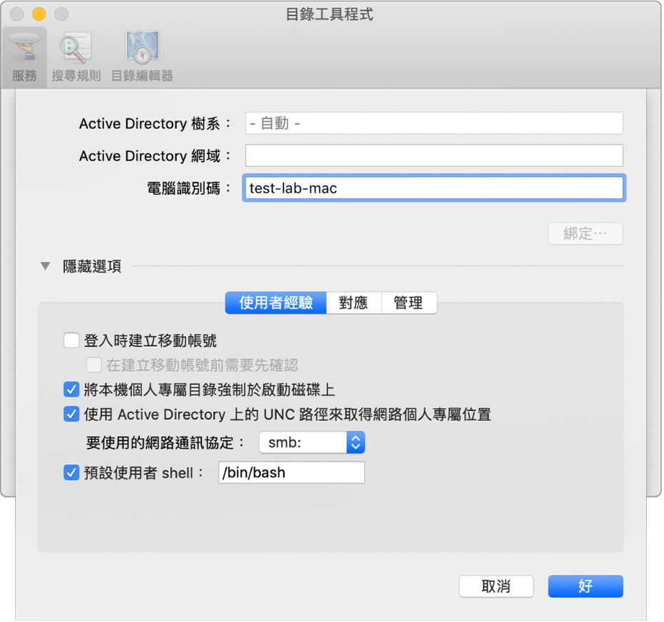 展開選項區域的 Active Directory 設定對話框。