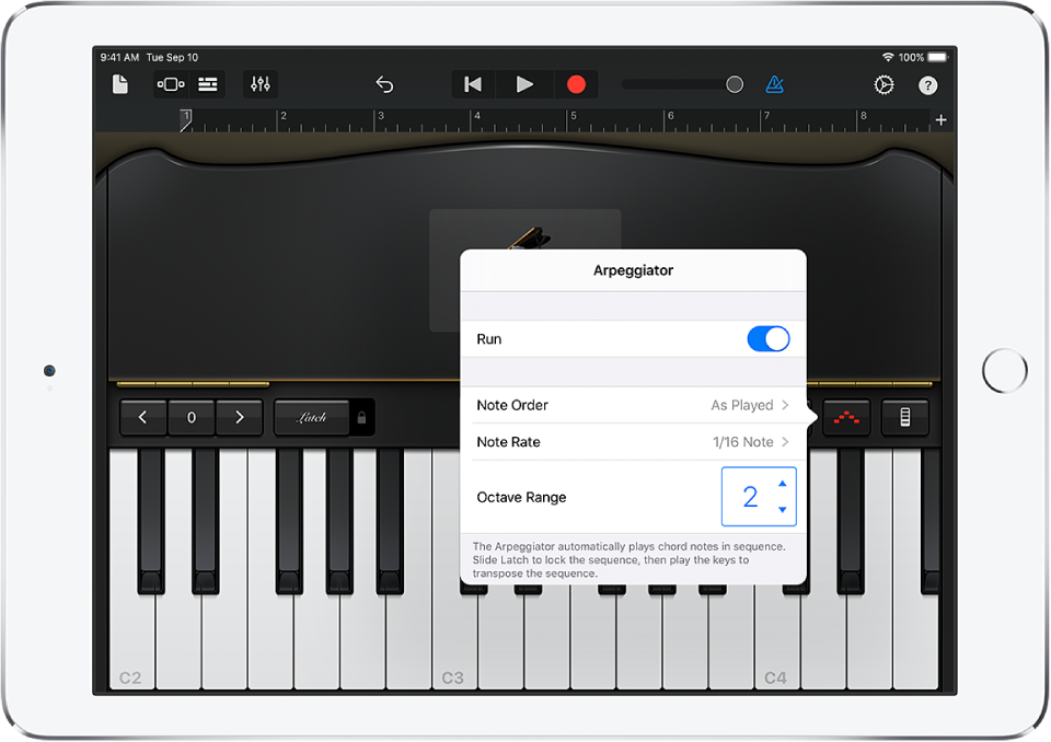 عناصر التحكم في مشغل النغمات التتابعية في لوحة المفاتيح