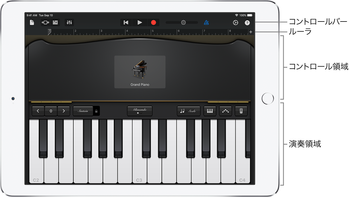 コントロール領域と演奏領域が表示されているTouch Instrument