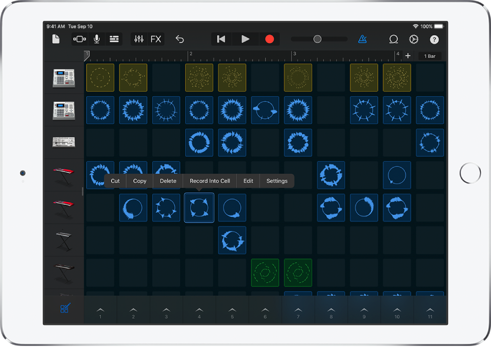 図。セル編集がオンになっているLive Loopsグリッド。