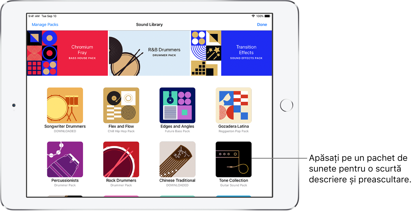 Apăsați pe un pachet de sunete pentru o scurtă descriere și preascultare.