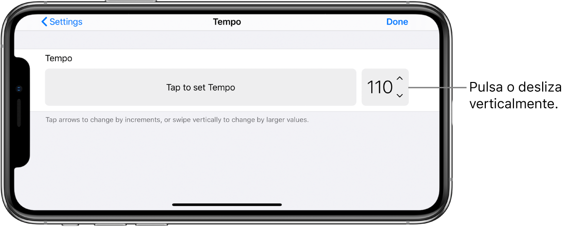 Controles de tempo en los ajustes de la canción
