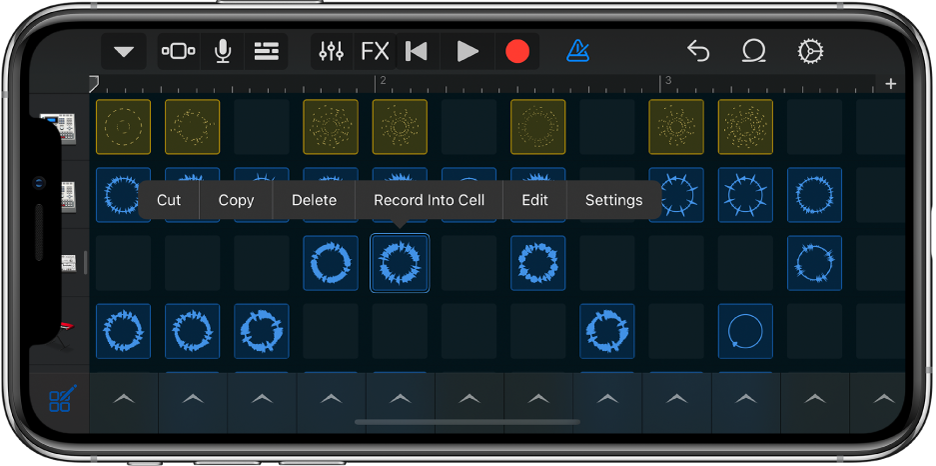 図。セル編集がオンになっているLive Loopsグリッド。