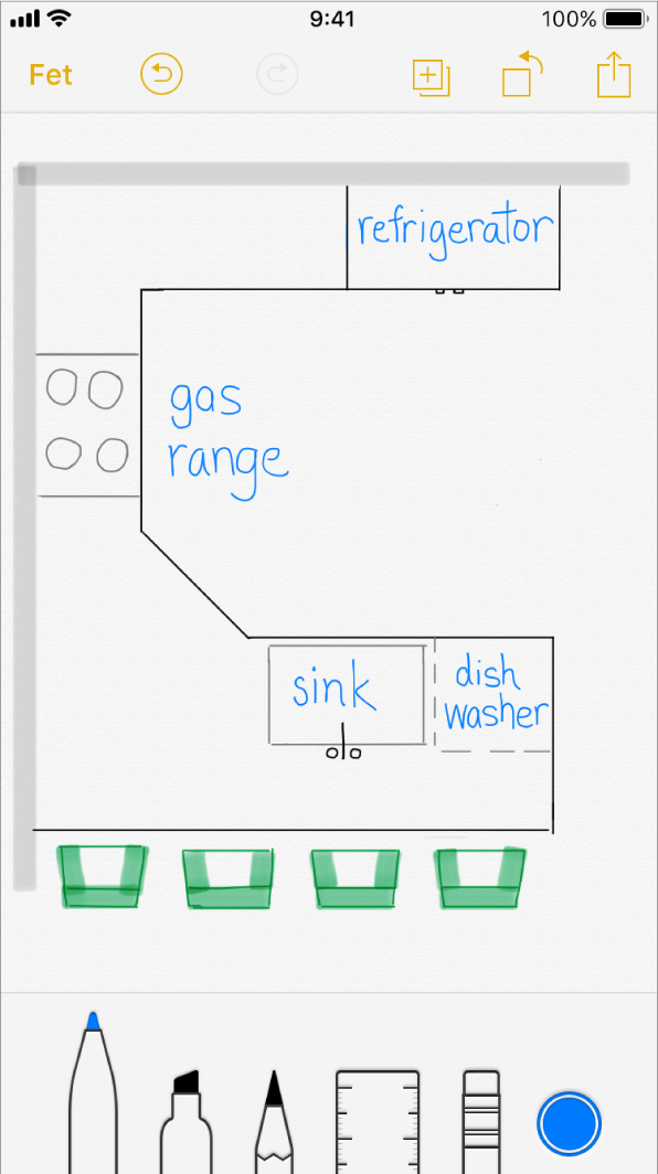 Un esbós a l’iPhone, amb un esquema d’una cuina dibuixat i etiquetat.