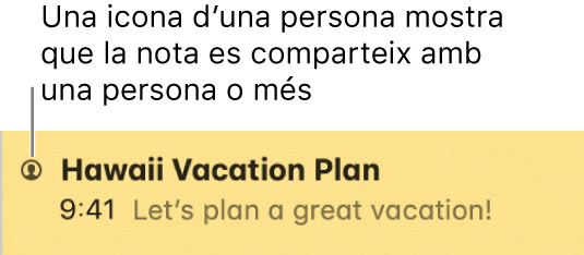 Una nota en què s’han afegit persones, amb la icona Persones a l’esquerra del nom de la nota.