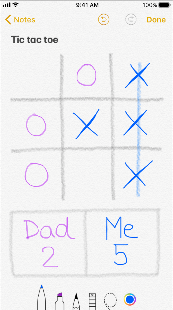 In-line drawing on iPhone showing a game of noughts-and-crosses.