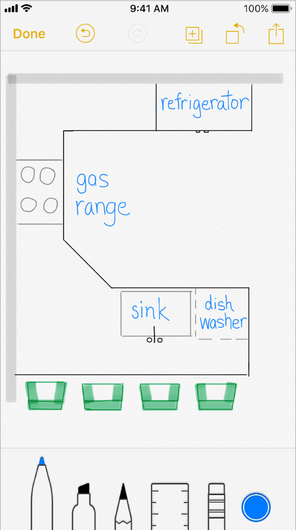 Sketch on iPhone with a drawn and labelled kitchen diagram.