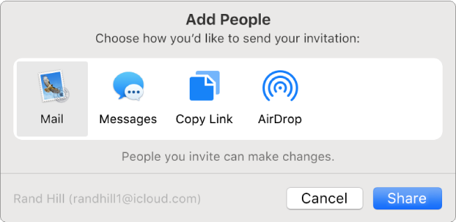 The Add People dialogue, where you can choose how to send the invitation to add people to a note.