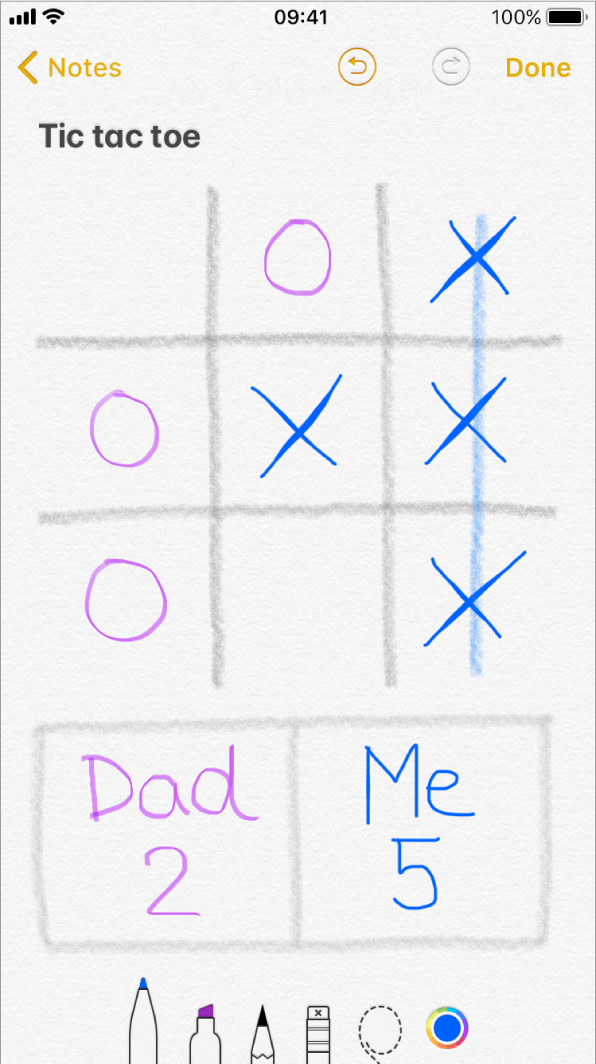 Inline drawing on iPhone showing a game of noughts-and-crosses.