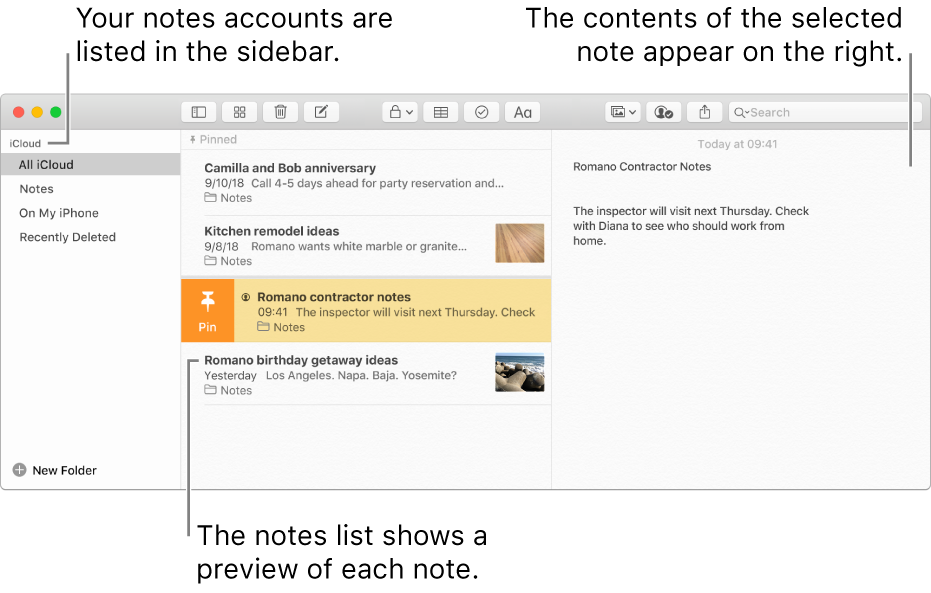 The Notes window with all your configured accounts listed in the sidebar on the left, the list of notes in the middle showing a preview of each note, and the content of the selected note appearing on the right.