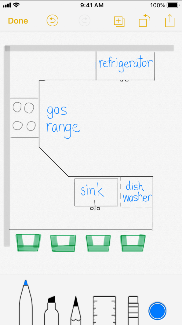 Sketch on iPhone with a drawn and labeled kitchen diagram.