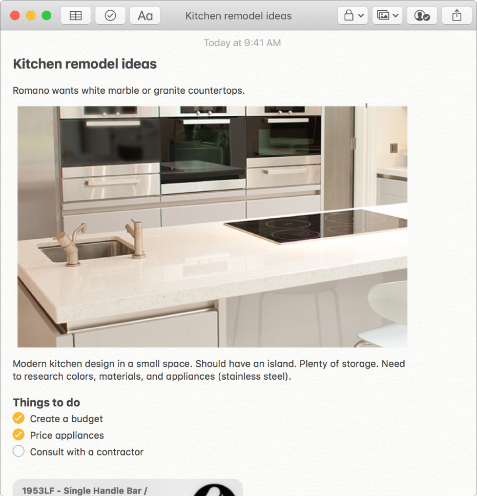 A note that includes a photo of a kitchen, a description of kitchen remodel ideas, and a checklist of things to do.