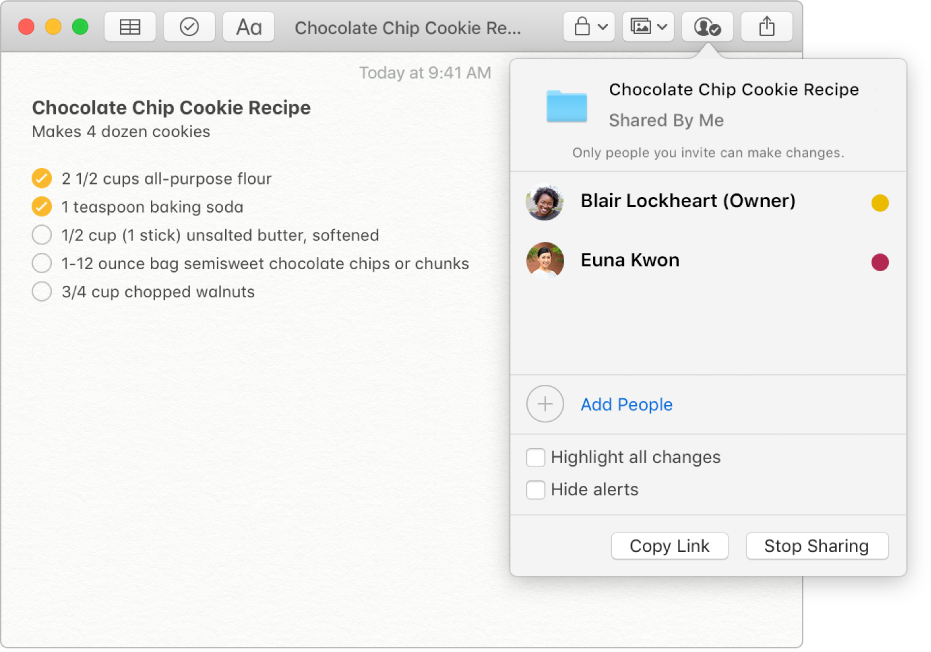 A note with a chocolate chip cookie recipe. When the View Participants button in the toolbar is clicked, you see the people who have been added to the note listed.