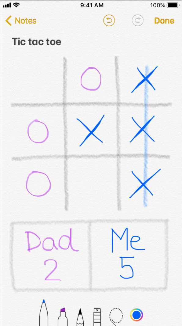 Inline drawing on iPhone showing a game of tic-tac-toe.