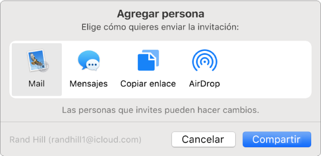 El cuadro de diálogo “Agregar personas”, donde puedes escoger cómo enviar la invitación para agregar personas a una nota.