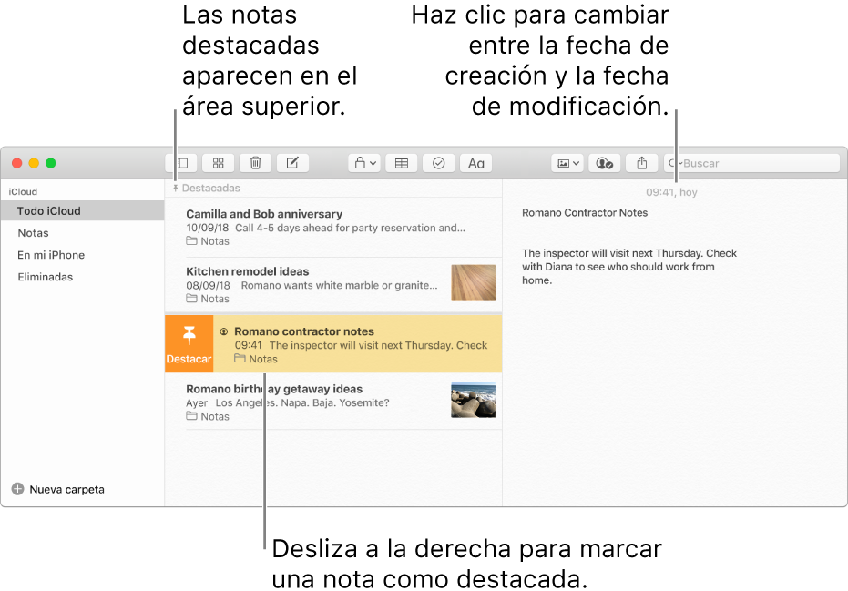 La ventana de Notas con la lista de notas en medio, notas ancladas en la parte superior de la lista de notas y el botón de Anclar en una nota. El contenido de esa nota aparece a la derecha con la fecha en la parte superior; haz clic en la fecha para cambiar entre la fecha creada y la fecha editada.