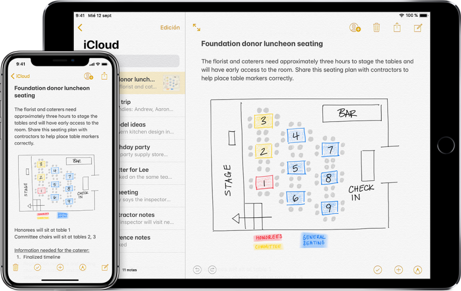 Un iPhone y un iPad en los que se muestra la misma nota de iCloud.