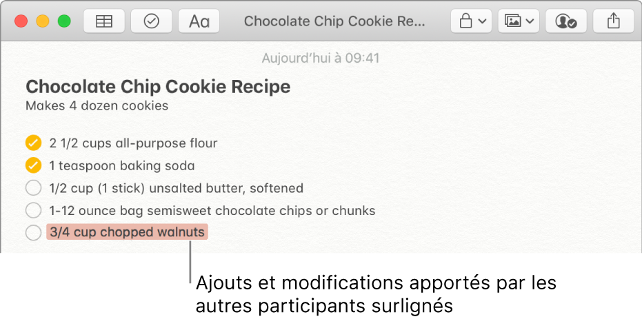 Une note contenant une recette de cookies aux pépites de chocolat. Les ajouts des autres participants sont indiqués en rouge.