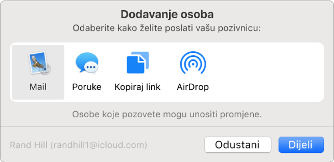 Dijaloški okvir Dodaj osobe u kojem možete odabrati način slanja pozivnice za dodavanje osoba u bilješku.