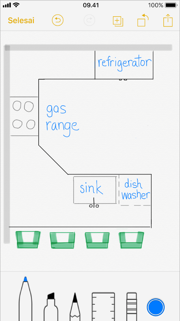 Sketsa di iPhone dengan diagram dapur yang digambar dan dilabeli.