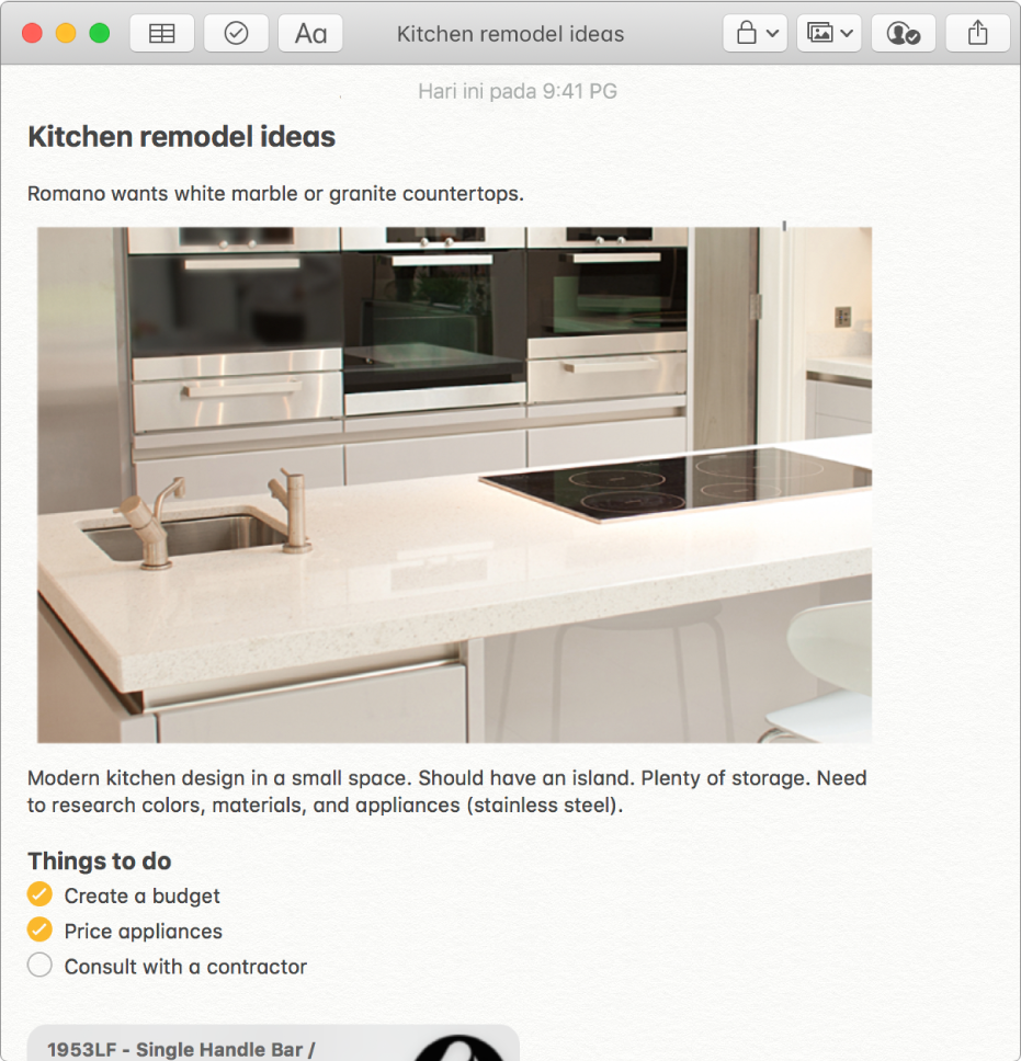 Nota yang menyertakan foto sebuah dapur, perihalan idea model semula dapur dan senarai semak perkara untuk dilakukan.