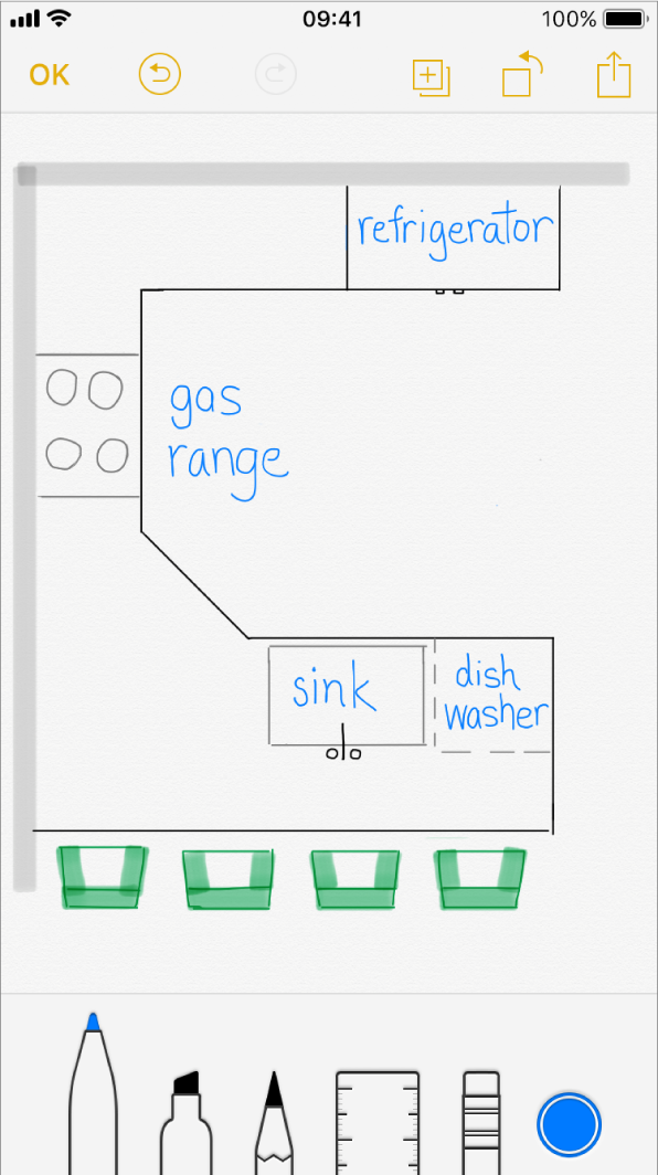 Desenho no iPhone com o diagrama de uma cozinha desenhado e com etiqueta.