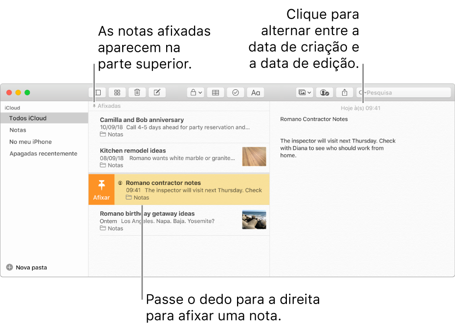 A janela da aplicação Notas com a lista de notas ao centro, as notas afixadas na parte superior da lista de notas e o botão Afixar numa nota. O conteúdo dessa nota aparece à direita com a data na parte superior; clique na data para alternar entre a data de criação e a data de edição.