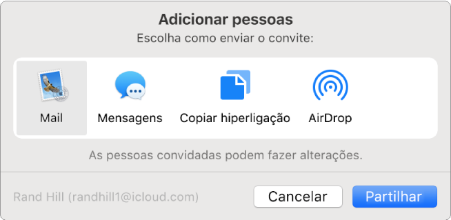 A caixa de diálogo “Adicionar pessoas”, onde é possível selecionar como enviar o convite para adicionar pessoas a uma nota.