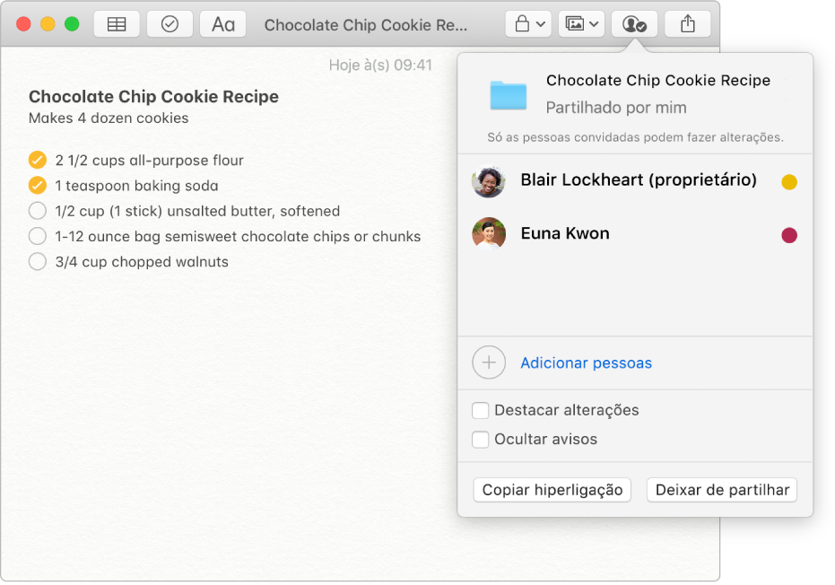 Uma nota com uma receita de bolachas com pedacinhos de chocolate. Quando se clica no botão “Ver participantes” na barra de ferramentas, são indicadas as pessoas que foram adicionadas à nota listada.
