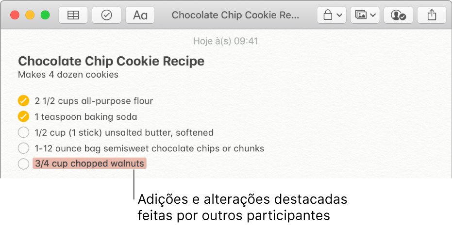 Uma nota com uma receita de bolachas com pedacinhos de chocolate. O conteúdo adicionado por outro participante aparece destacado a vermelho.
