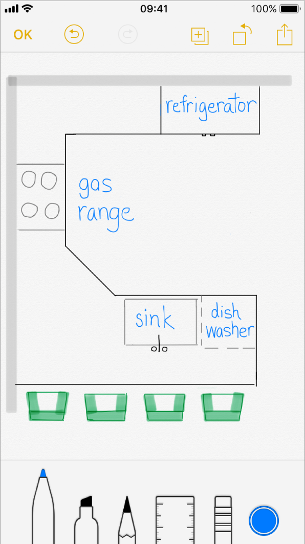 Schiță pe iPhone cu o diagramă desenată și etichetată bucătărie.