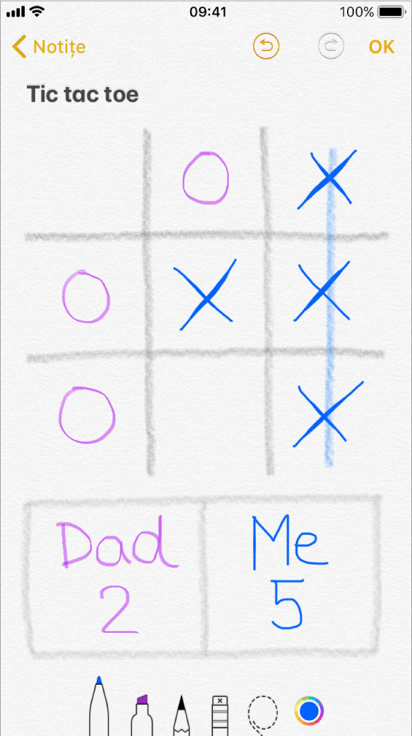 Desen în linie pe iPhone prezentând un joc de X și O.