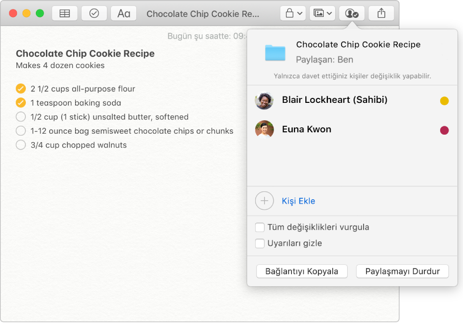 Damla çikolatalı kurabiye tarifi içeren bir not. Araç çubuğunda Katılımcıları görüntüle düğmesi tıklandığında listelenen nota eklenmiş kişileri görürsünüz.