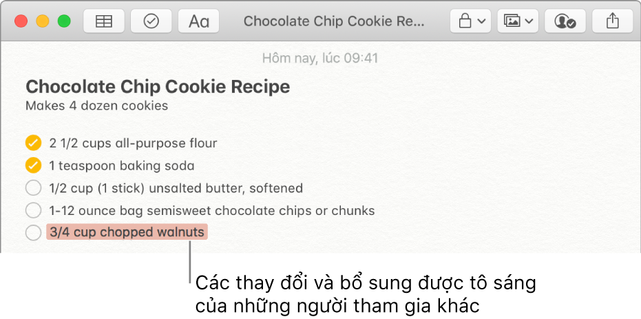 Một ghi chú với công thức làm bánh quy nhân sô cô la. Những phần bổ sung từ một người tham gia khác được tô sáng bằng màu đỏ.