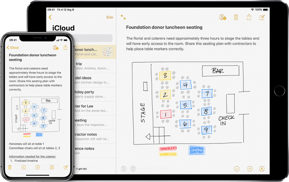 iPhone và iPad đang hiển thị cùng một ghi chú từ iCloud.
