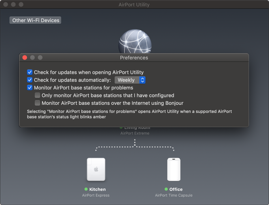 AirPort Utility preferences, showing the “Check for updates when opening AirPort Utility”, “Check for updates automatically” and “Monitor AirPort base stations for problems” tick boxes.